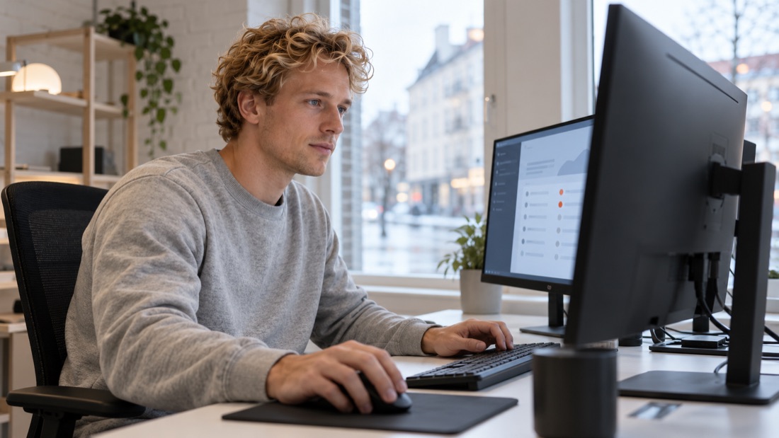 En blond utvecklare granskar en webbplatsanalys på sina datorskärmar.